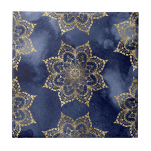 Boho Mandala Pattern Gold Navy Blue Ink Texture Tile