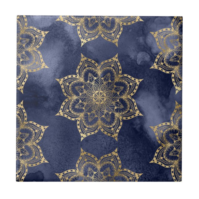 Boho Mandala Pattern Gold Navy Blue Ink Texture Tile (Front)
