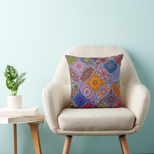 Boho Mandala Quilt Pattern Colourful Hippie Style Throw Pillow (Chair)
