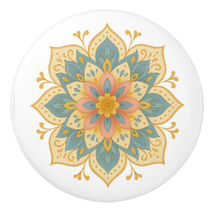 Boho Mandala Teal Blush & Gold Ceramic Knob Pull