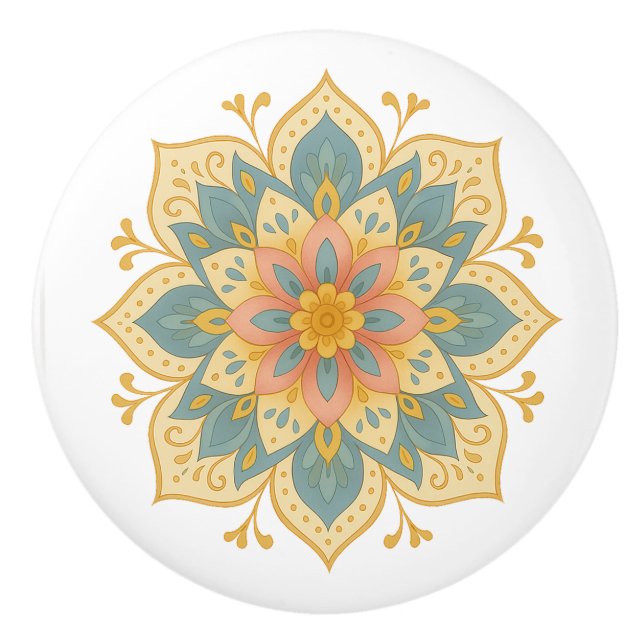 Boho Mandala Teal Blush & Gold Ceramic Knob Pull (Front)