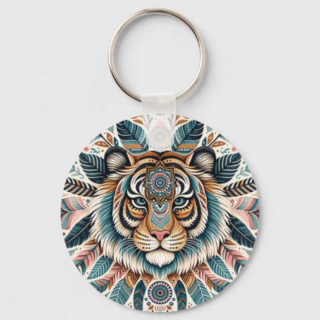 Boho mandala tiger feathers woman keychain (Front)