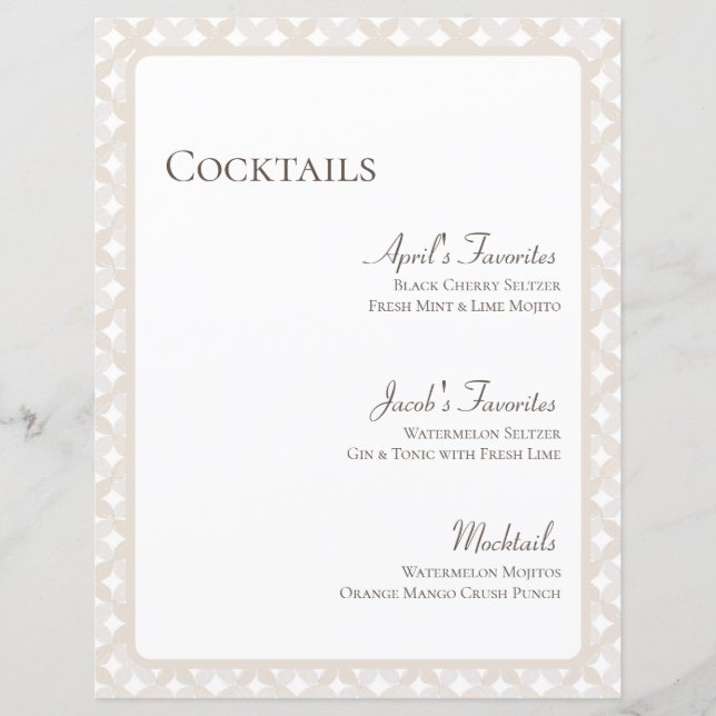 Boho Mariage Personnalisable 8,5X11 Menu Cocktail (Devant)