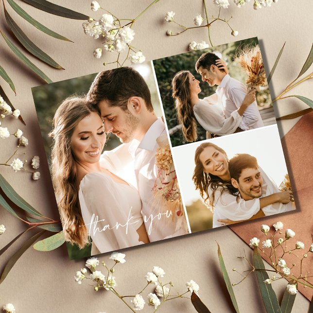 Boho Mariage photo Collage Merci carte postale (Boho Wedding 3 Photo Collage Thank You Postcard)