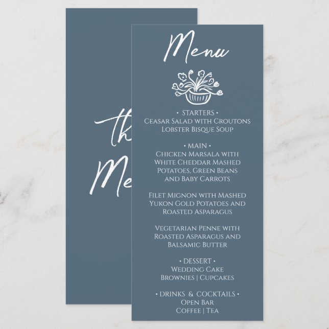 Boho Marina Blue Hand Drawn Floral Wedding Menu (Front/Back)