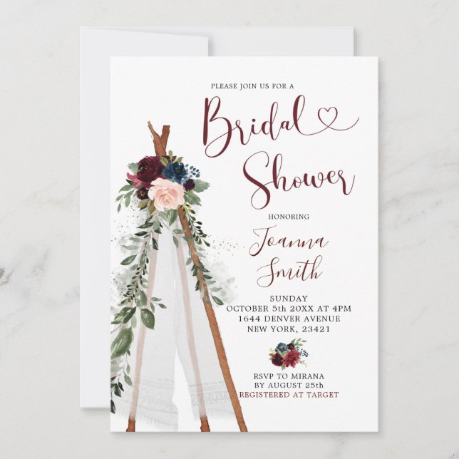 Boho Marine Marsala Teepee Invitation de la douche (Devant)