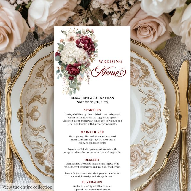 Boho maron blanc or floral mariage menu design (Boho maroon white gold floral wedding menu design

)