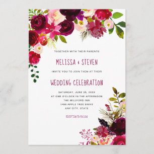 Boho maroon burgundy floral wedding celebration invitation