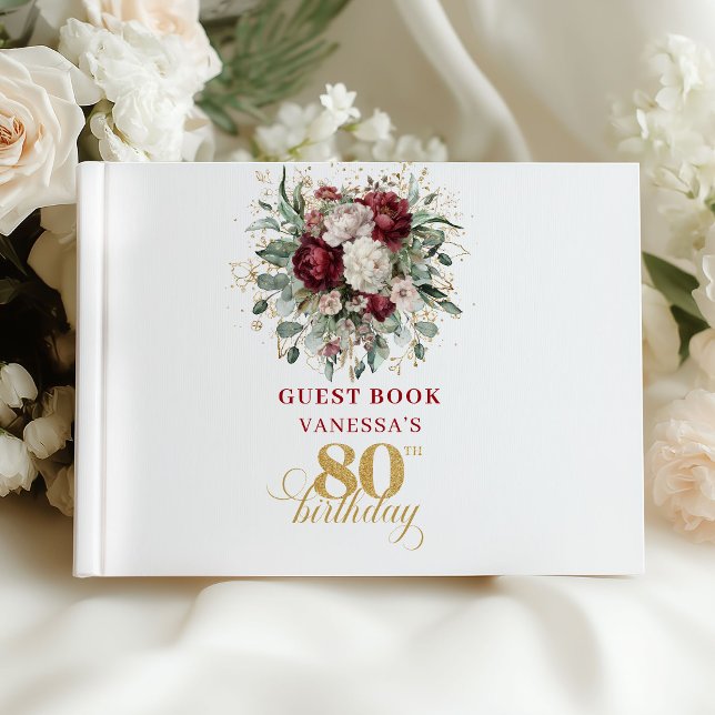 Boho Maroon Floral 80th Birthday Guest Book (Boho Maroon Floral 80th Birthday Guest Book)