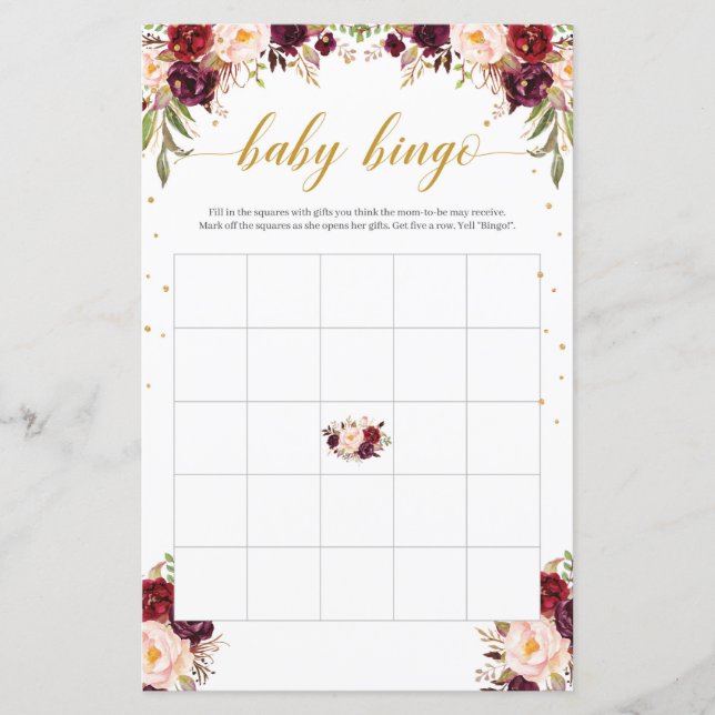 Boho marsala burgundy floral gold baby bingo game (Front)