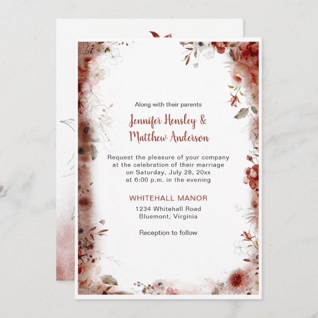 Boho Marsala Burgundy Floral Watercolor Wedding Invitation (Front/Back)