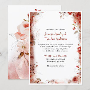 Boho Marsala Burgundy Floral Watercolor Wedding Invitation