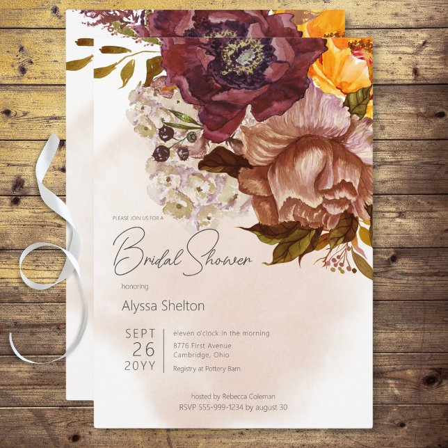 Boho Marsala Clay & Yellow Bouquet Bridal Shower Invitation (Boho Marsala Clay & Yellow Bouquet Bridal Shower Invitation)