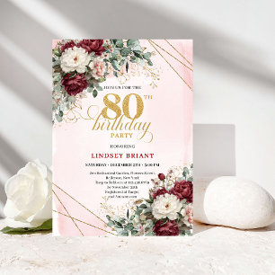 Boho Marsala Flowers Eucalyptus 80th Birthday Invitation
