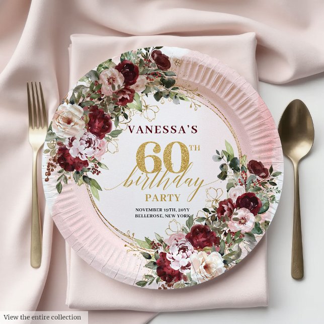 Boho Marsala Gold Roses Elegant 60th Birthday  Paper Plate (Boho Marsala Gold Roses Elegant 60th Birthday Plates)