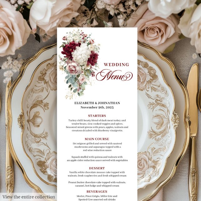 Boho marsala gold roses romantic wedding menu card (Boho marsala gold roses romantic wedding menu card

)