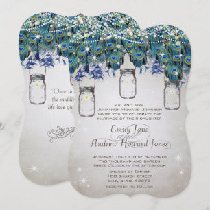 Boho Mason Jar Navy Turquoise Peacock Invitation