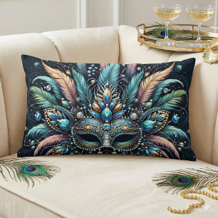 Boho Masquerade Feather Jewel Mask Lumbar Pillow