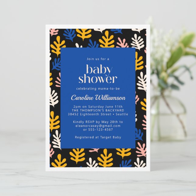 Boho Matisse Botanical Blue and Black Baby Shower Invitation (Standing Front)