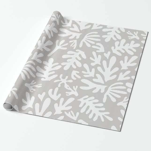 Boho Matisse Botanical Shapes Gray Christmas Wrapping Paper (Unrolled)