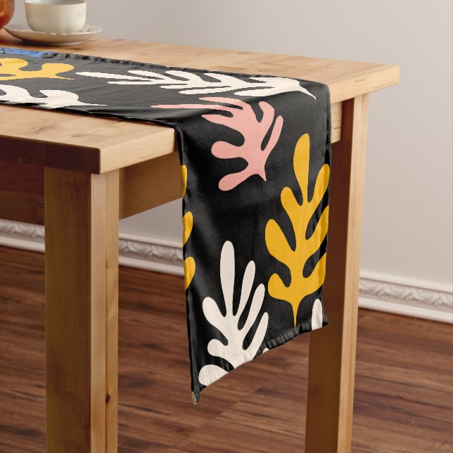 Boho Matisse Botanical Shapes in Black Pink Blue  Short Table Runner (In Situ)