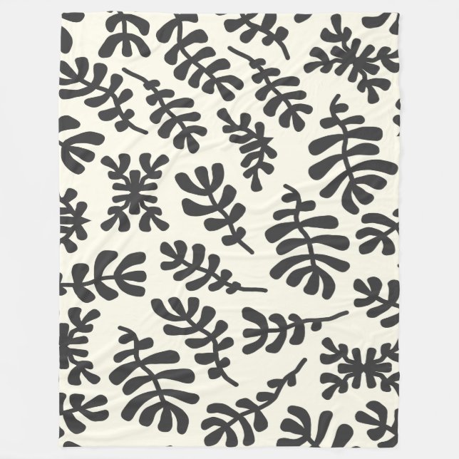Boho Matisse Botanical Shapes Pattern Black White  Fleece Blanket (Front)
