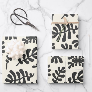 Boho Matisse Botanical Shapes Pattern Black White Wrapping Paper Sheet