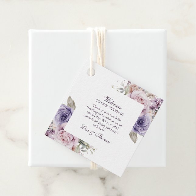 Boho Mauve and Lilac Floral Wedding Favour Tags (In Situ)