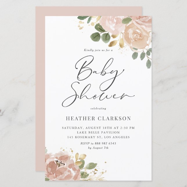 Boho Mauve Peach Floral Baby Shower Invitation (Front/Back)