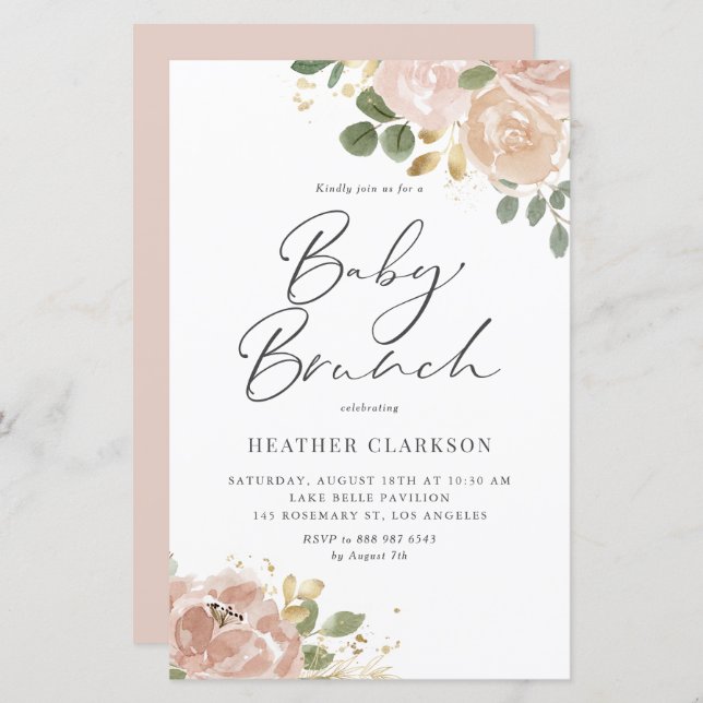 Boho Mauve Peach Flowers Baby Brunch Invitation (Front/Back)
