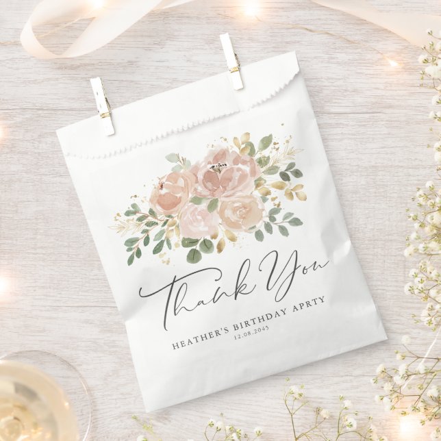 Boho Mauve Peach Flowers Birthday Thank You Favour Bag (Clipped)