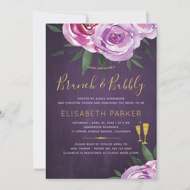 Boho mauve peonies purple plum brunch and bubble invitation (Front)