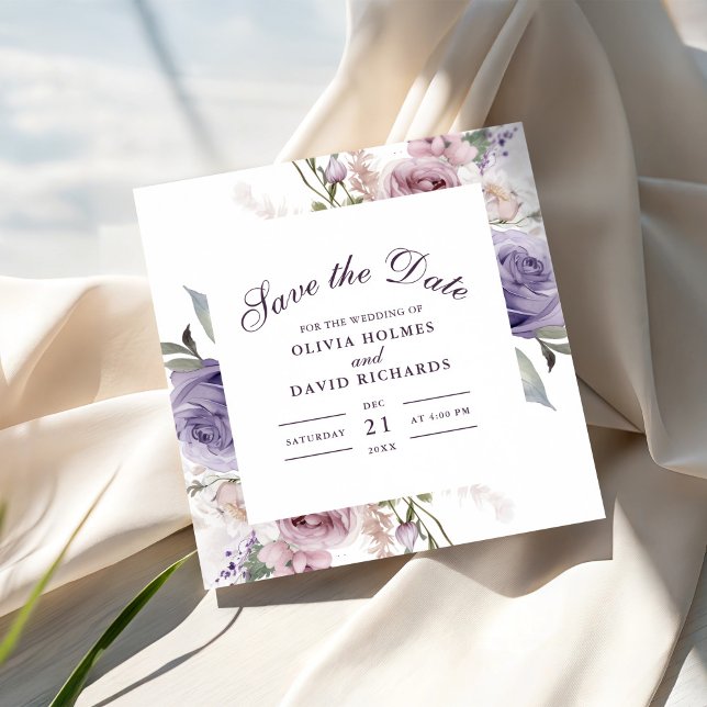 Boho Mave and Lilac Floral Save The Date Card (Boho Mave and Lilac Floral Save The Date Card on a sunny table with soft elegant fabric.)