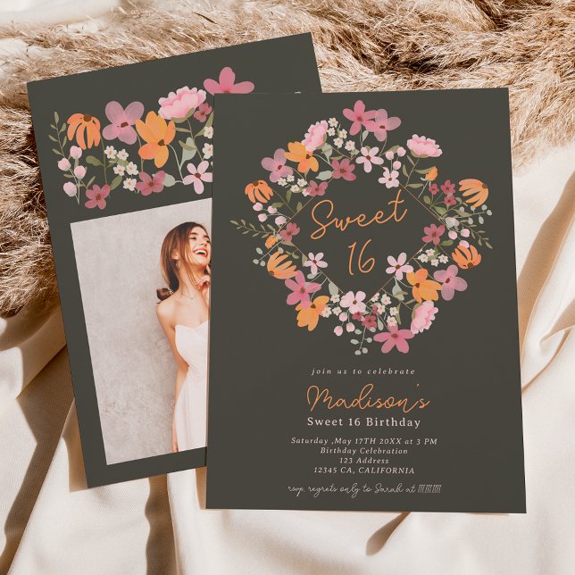 Boho meadow wildflowers photo Sweet 16 Invitation (Creator Uploaded)