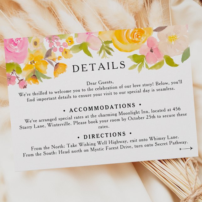 Boho meadow yellow floral Wedding details Enclosure Card (Boho meadow yellow Winter Wedding details Enclosure Card)