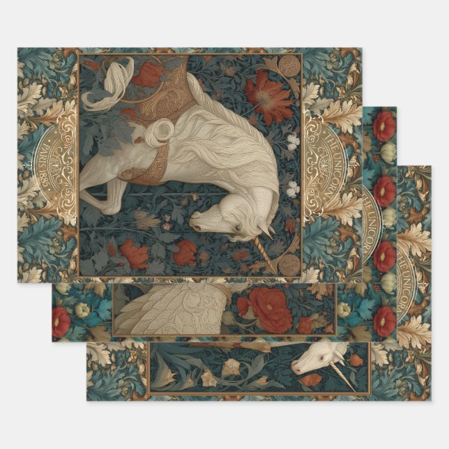 Boho Medieval Unicorn Illuminated Floral Wrapping Paper Sheet (Set)