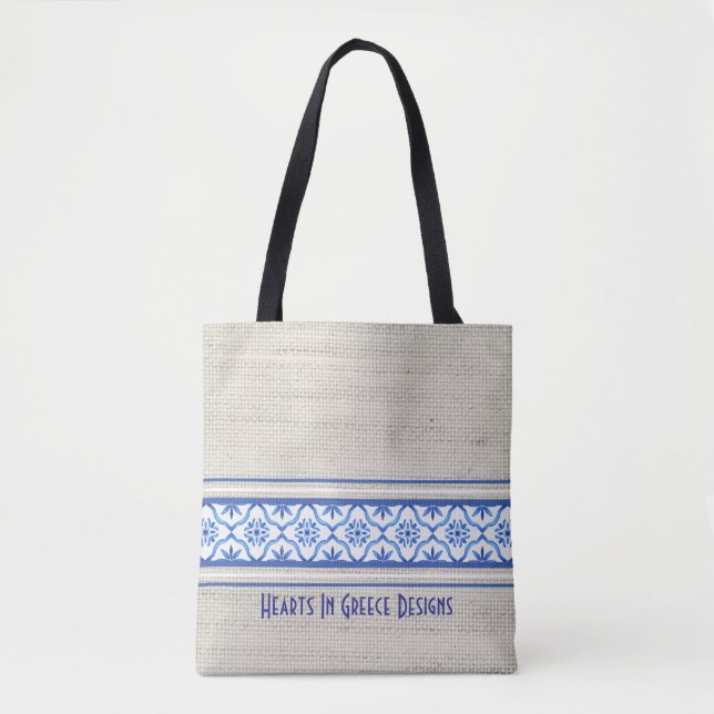 Boho Mediterranean Tile Blue White Personalized  Tote Bag (Front)