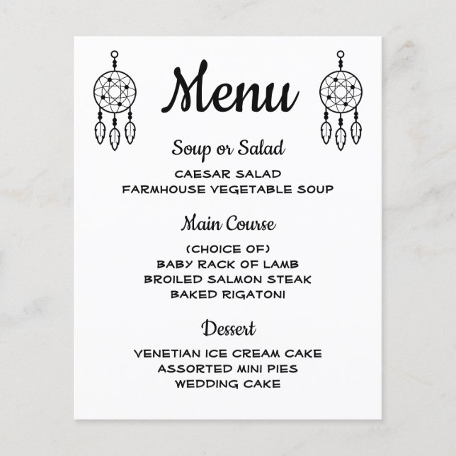 Boho Menu Dreamcatcher Black White Wedding Tribal (Front)