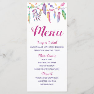 Boho Menu Feathers  Indian Watercolor Wedding