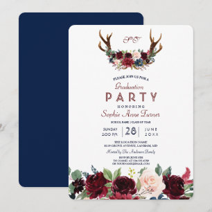 Boho Merlot Navy Blue Floral Antlers Graduation Invitation