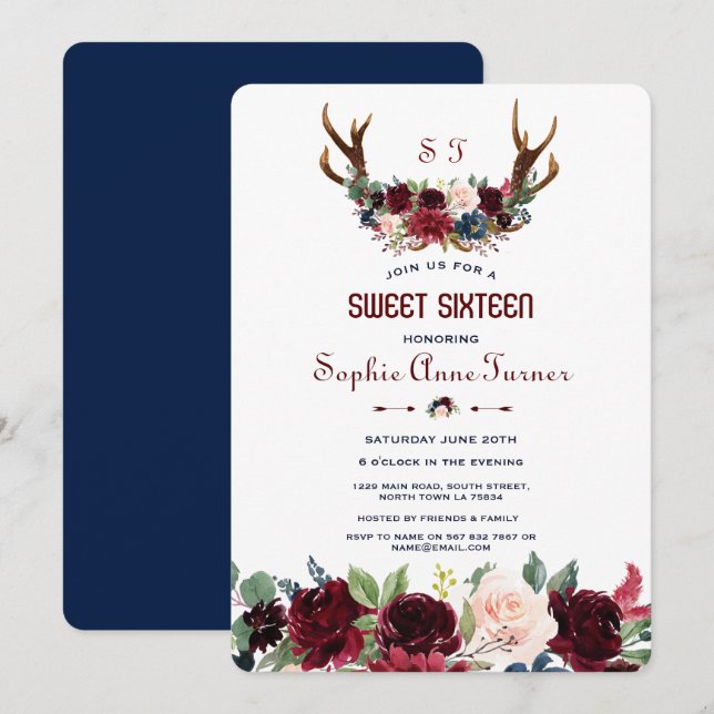 Boho Merlot Navy Blue Floral Antlers Sweet 16 Invitation (Front/Back)