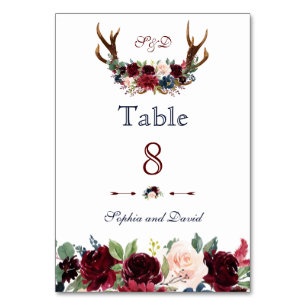 Boho Merlot Navy Blue Floral Antlers Table Number