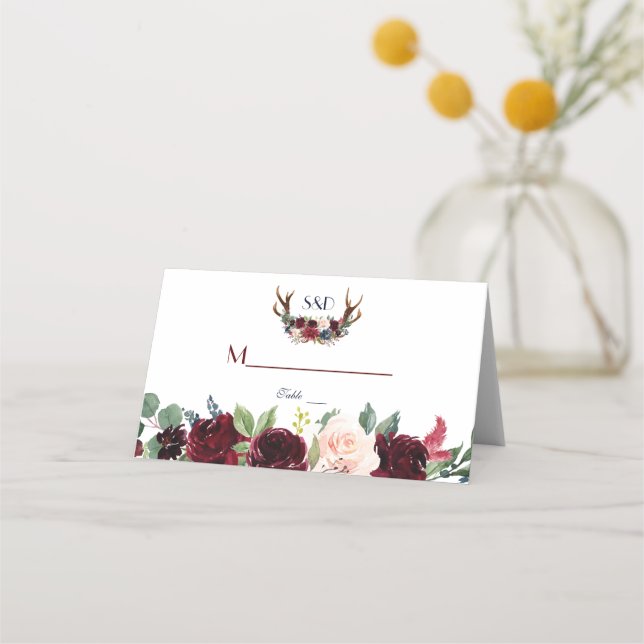 Boho Merlot Navy Blue Floral Antlers Table Number Place Card (Front)