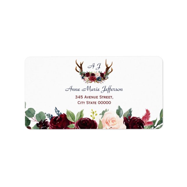 Boho Merlot Navy Blue Floral Antlers Wedding Label (Front)