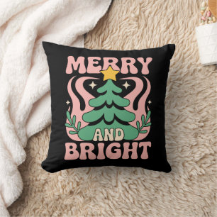 Boho Merry and Bright Personalized Floral Xmas Throw Pillow