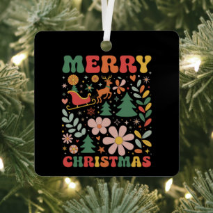 Boho Merry Christmas Flowers Party Xmas Holiday Metal Ornament