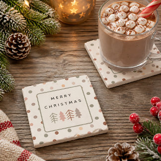 Boho Merry Christmas Trees and Dots Stone Coaster