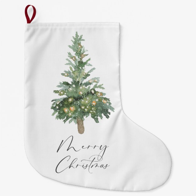 Boho Merry Christmas Watercolor Tree Large Christmas Stocking (Front)