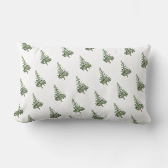 Boho Merry Christmas Watercolor Tree Lumbar Pillow (Front)