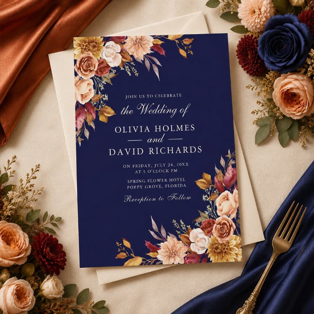 Boho Midnight Blue Burnt Orange Floral Wedding Invitation (Creator Uploaded)